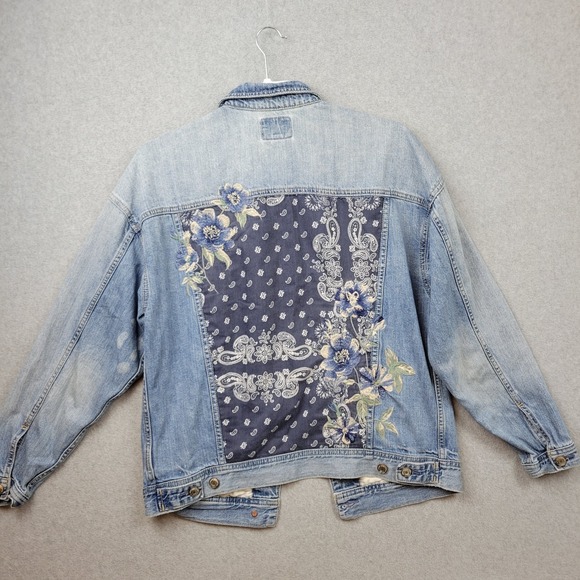 American Eagle Womens Denim Jacket Embroidered Bandana Floral Gorpcore Boho XS - Picture 1 of 16